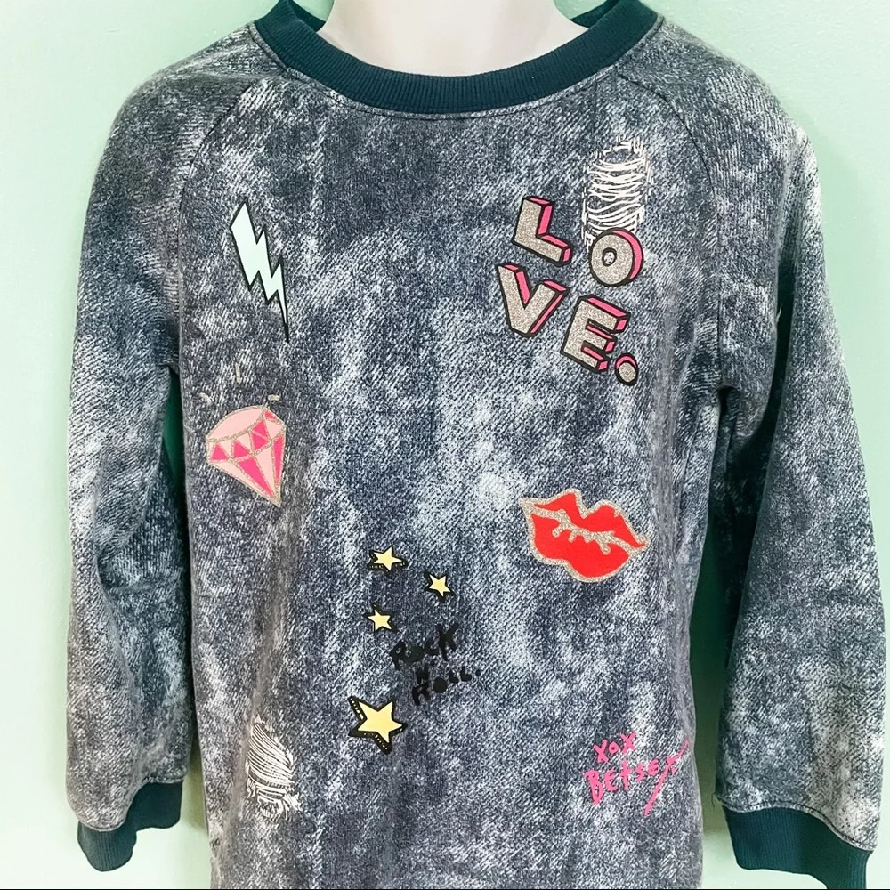 Betsey Johnson Blue Graffiti Embellished Long Sleeve Crewneck Sweater Girls 6